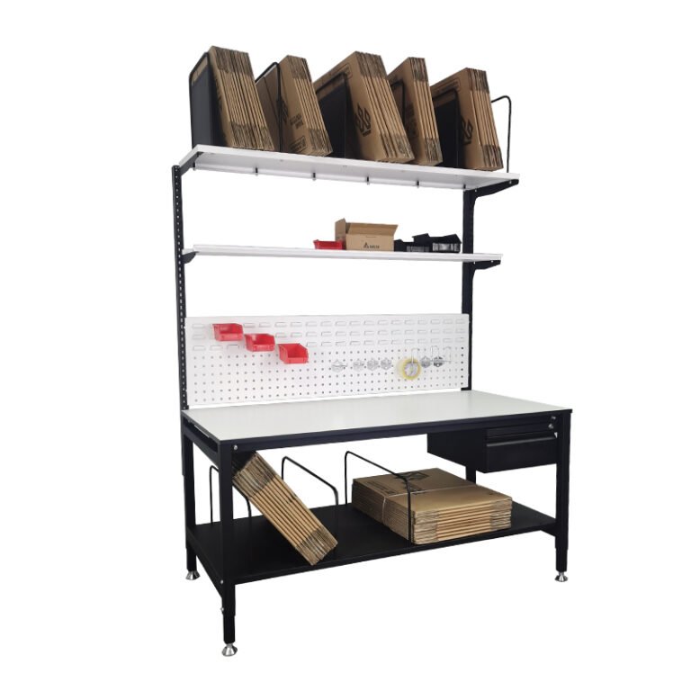 Adjustable work table with drawer, bottom shelf, tool pegboard, storage shelf, and top carton holder