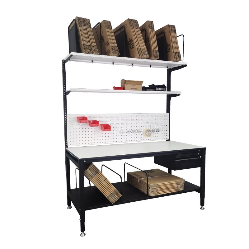 Adjustable work table with drawer, bottom shelf, tool pegboard, storage shelf, and top carton holder