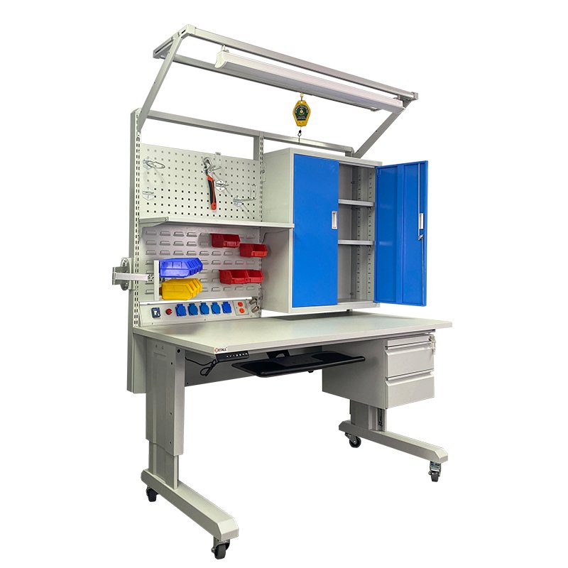 Electric height-adjustable workbench with cabinets, drawers, monitor stand, LED light, and wheels