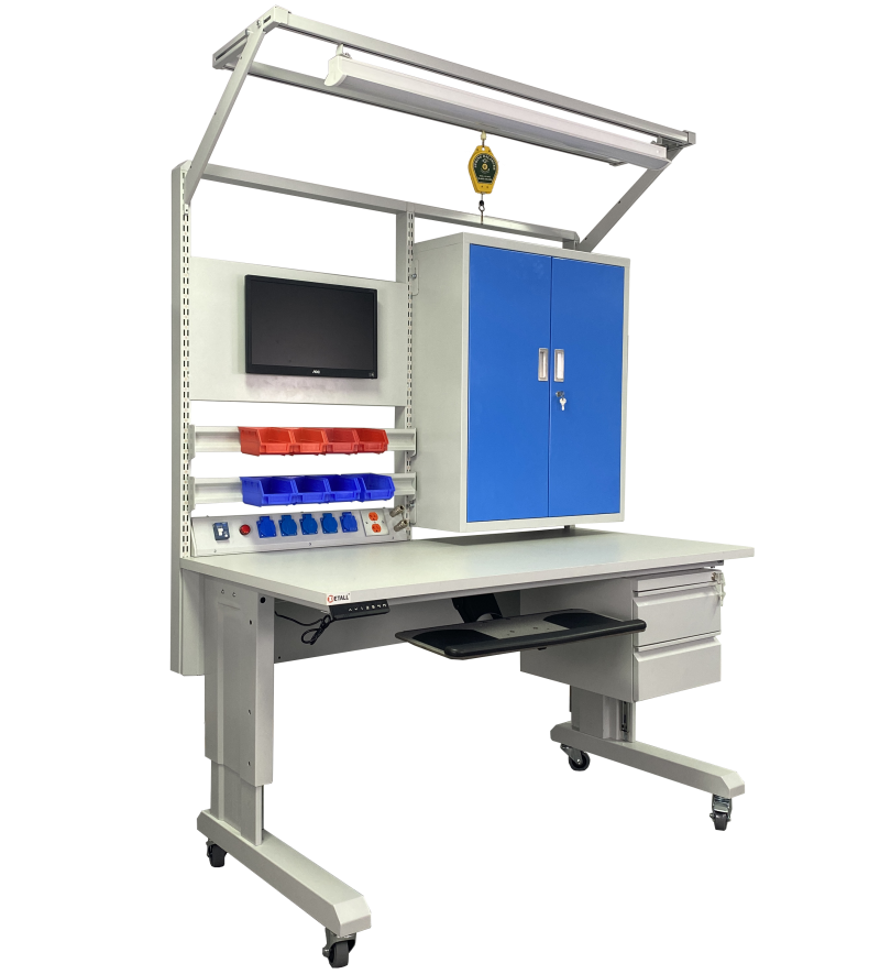 Motorized workbench with tool cabinet