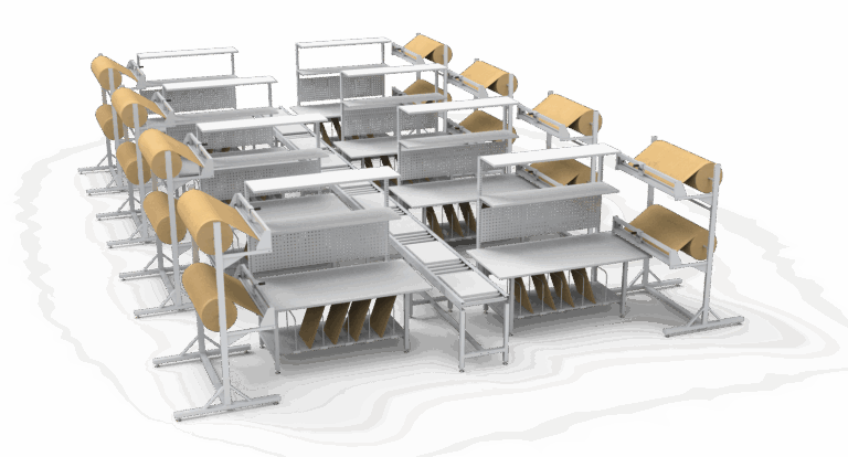 Packing table line with conveyor belt and workstation tools for efficient packaging operations